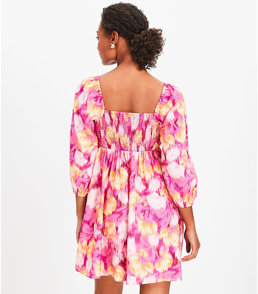 Floral Ikat Knotted Long Sleeve Swing Dress