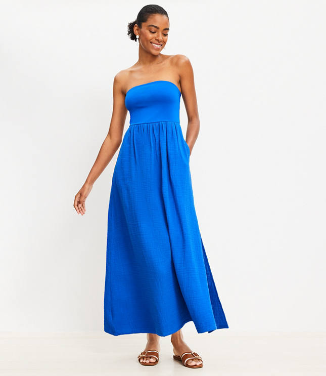 LOFT Beach Strapless Mixed Media Pocket Midi Dress