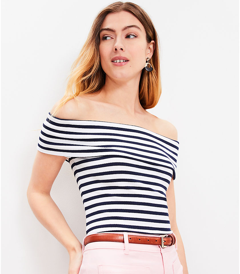 Petite Stripe Ribbed Off The Shoulder Top