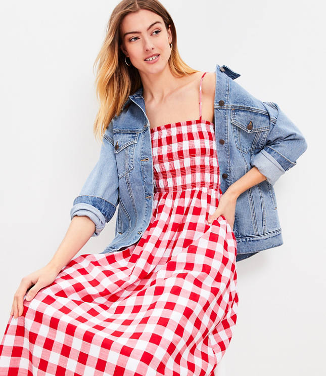 Gingham Smocked Strappy Flounce Dress