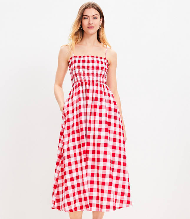 Gingham Smocked Strappy Flounce Dress