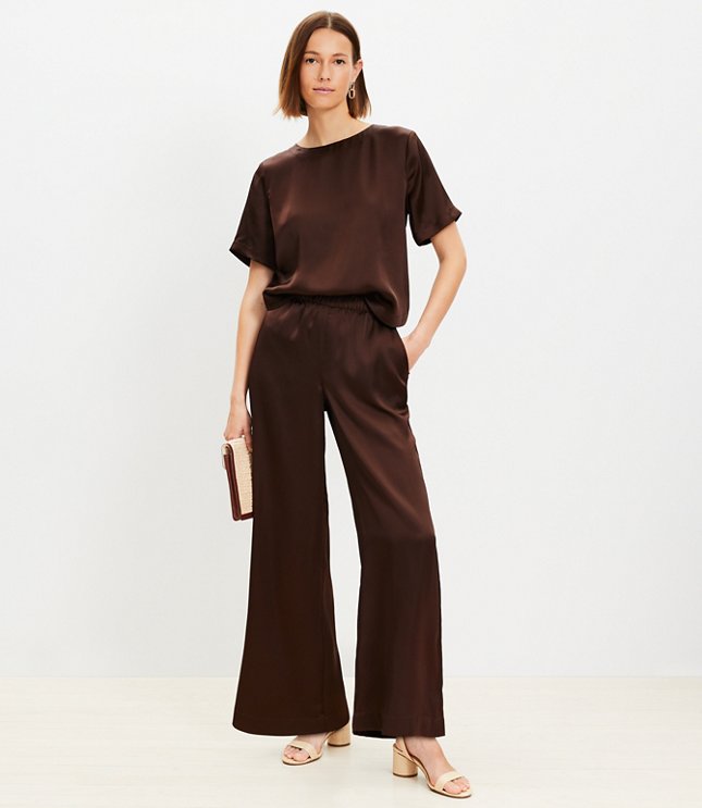 Petite Fluid Pull On Wide Leg Pants Satin