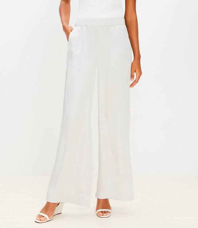 Petite Fluid Pull On Wide Leg Pants in Satin