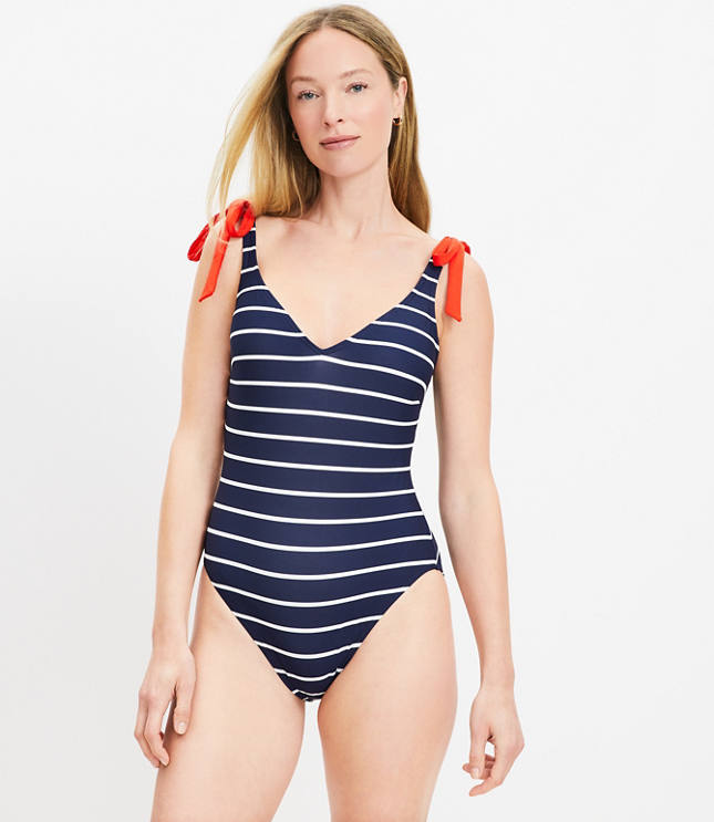 LOFT Beach Striped Plunge Bow Tie One Piece Swimsuit - 07 Deep Space Blue