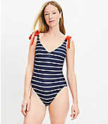 LOFT Beach Striped Plunge Bow Tie One Piece Swimsuit carousel Product Image 1