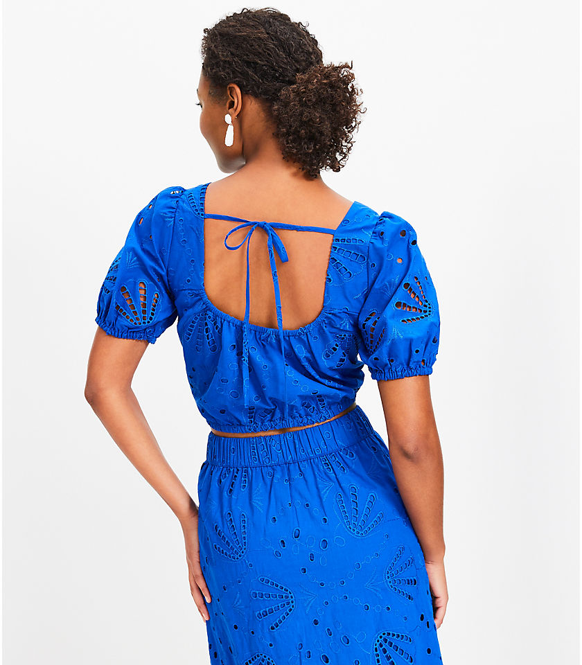 Embroidered Eyelet Tie Back Square Neck Blouse