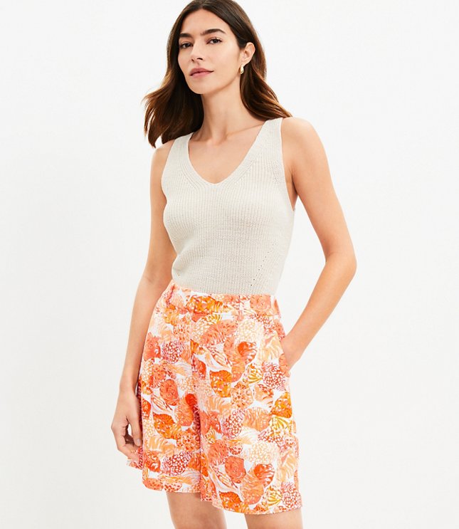 Petite Belted Pleated Shorts in Floral Twill