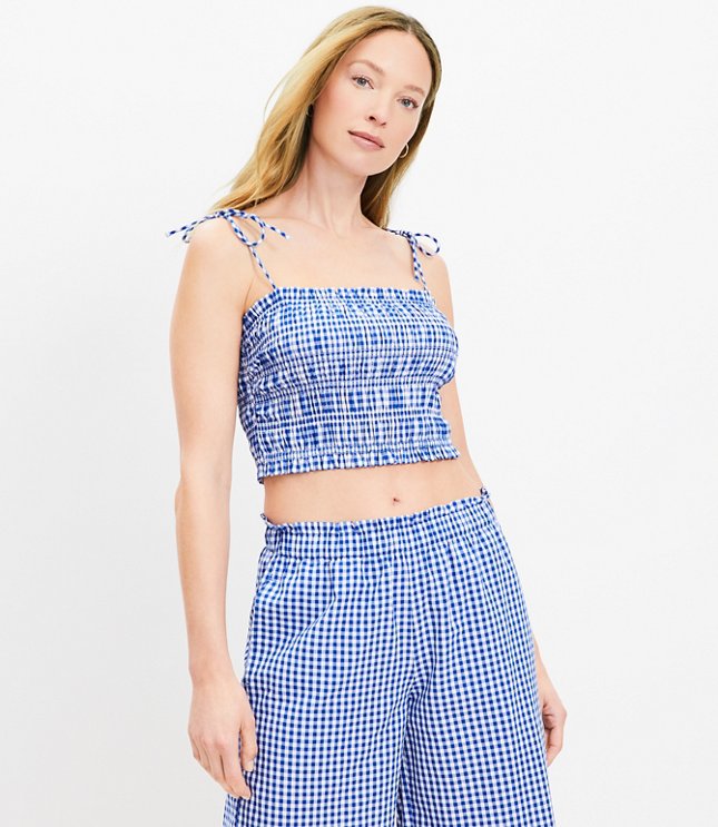 Petite Smocked Cropped Top With Thin Tie Straps