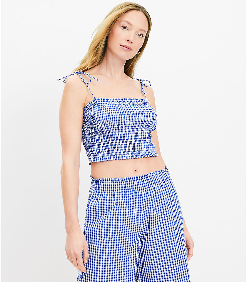 Petite Smocked Cropped Top With Thin Tie Straps