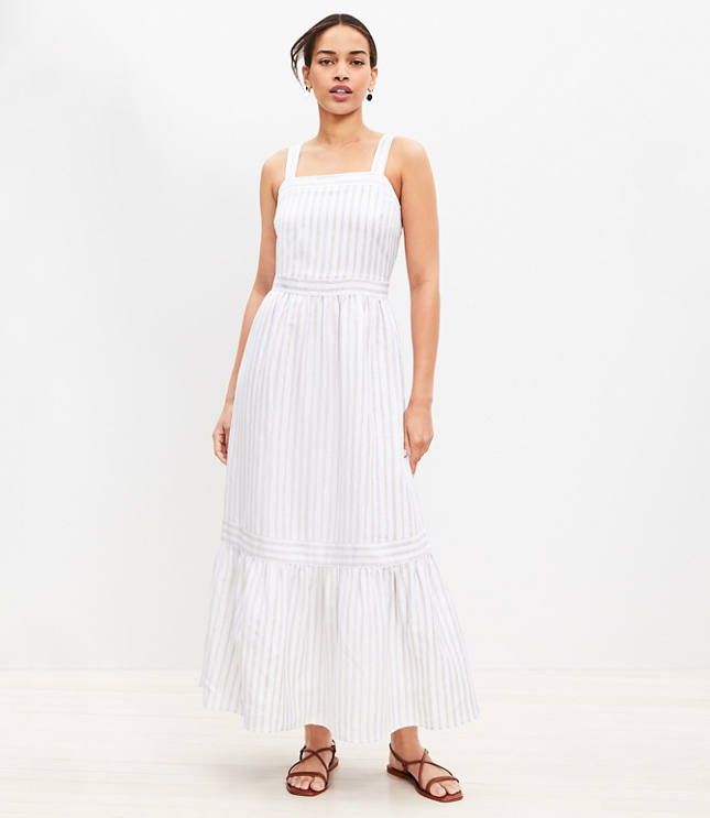 Petite Striped Linen Blend Square Neck Midi Dress