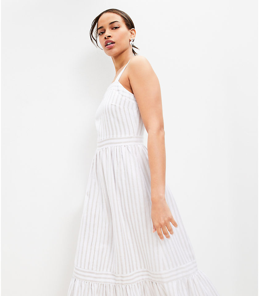 Petite Striped Linen Blend Square Neck Midi Dress