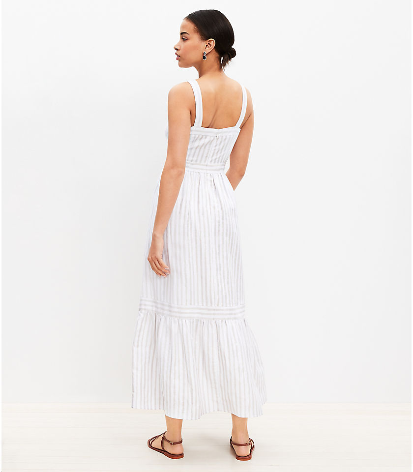 Petite Striped Linen Blend Square Neck Midi Dress