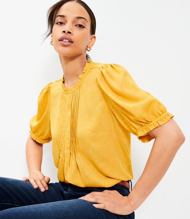 Palm Pintucked Puff Sleeve Mixed Media Blouse