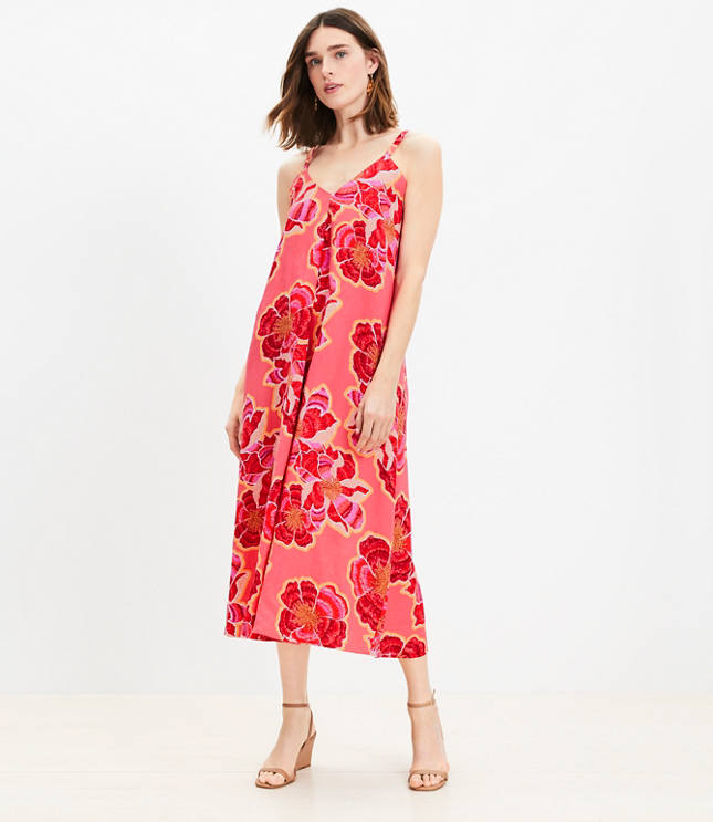 Textured Floral Linen Blend Strappy Maxi Dress