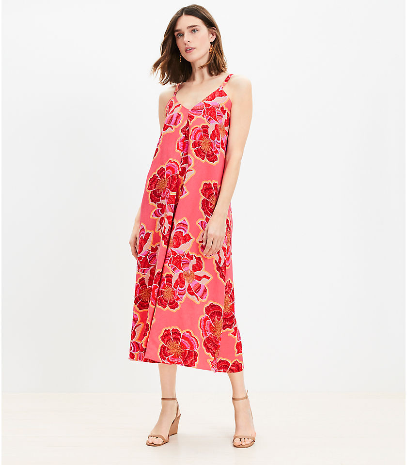 Textured Floral Linen Blend Strappy Maxi Dress