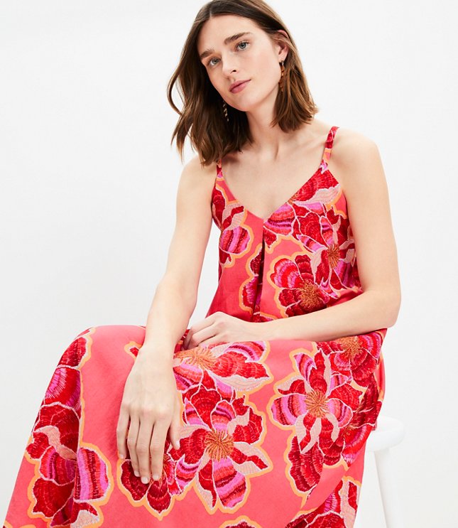 Textured Floral Linen Blend Strappy Maxi Dress