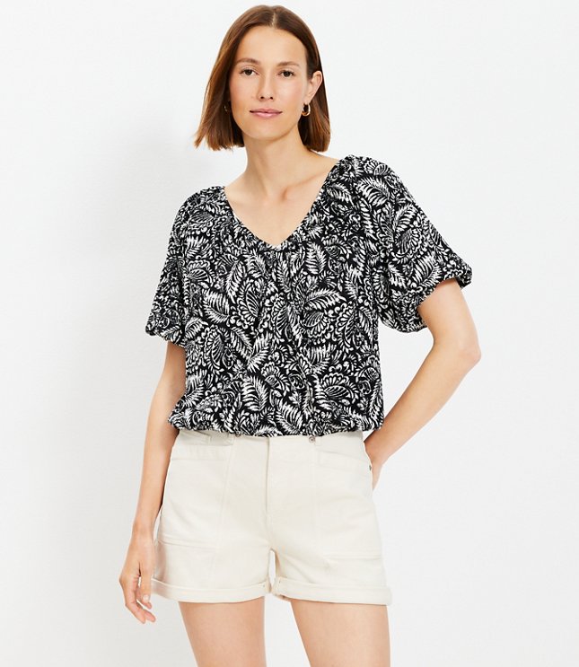 Cutout Linen Blend V-Neck Top