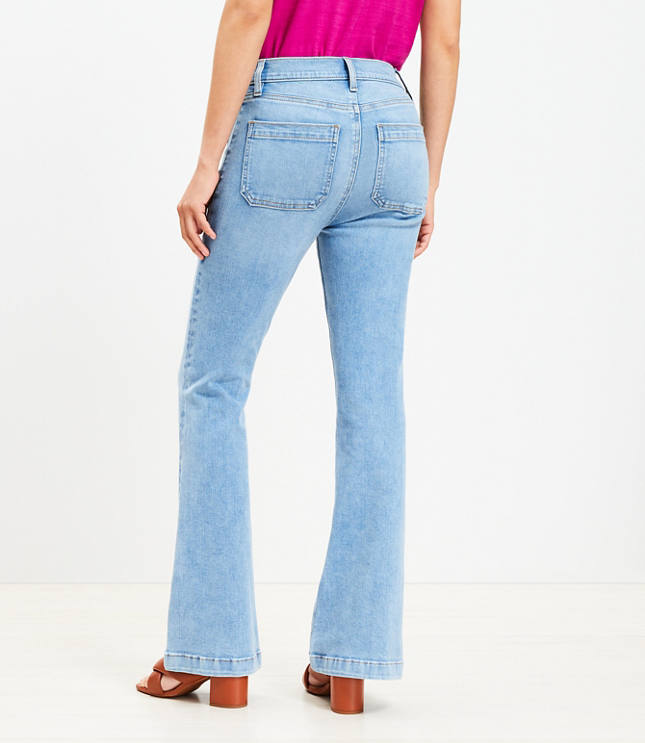 Petite High Rise Patch Pocket Slim Flare Jeans in Light Wash