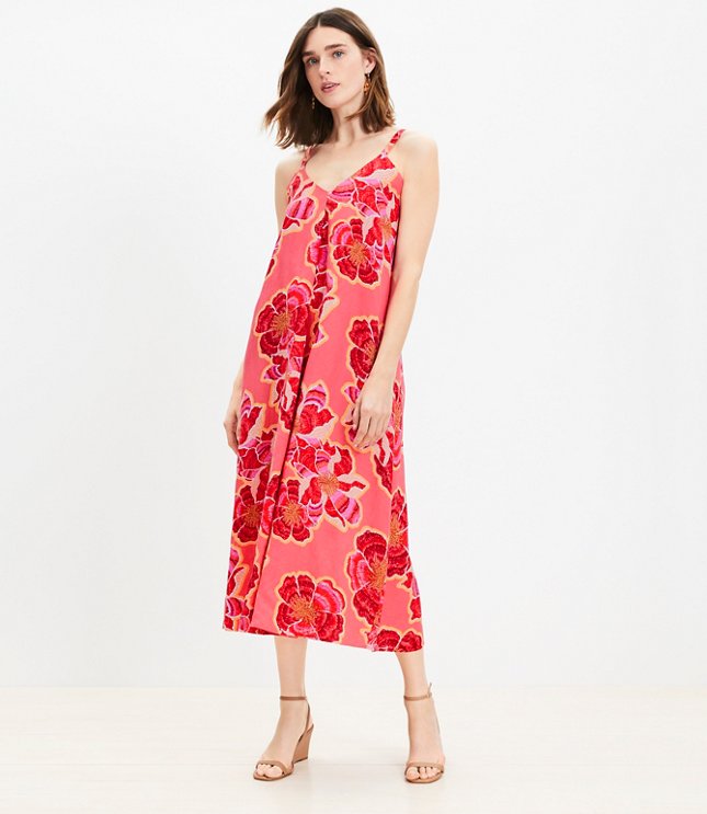 Petite Textured Floral Linen Blend Strappy Maxi Dress