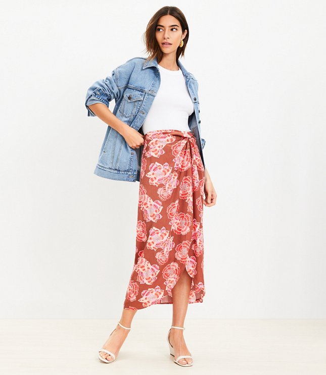 Petite Textured Floral Twist Sarong Midi Skirt