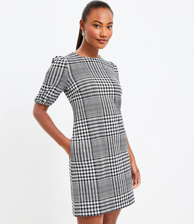 Houndstooth Puff Sleeve Pocket Dress