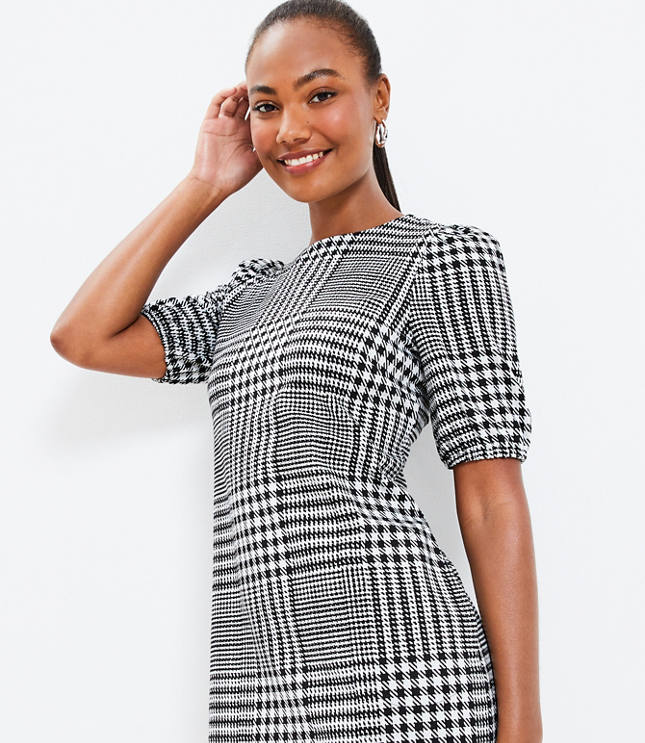 Houndstooth Puff Sleeve Pocket Dress