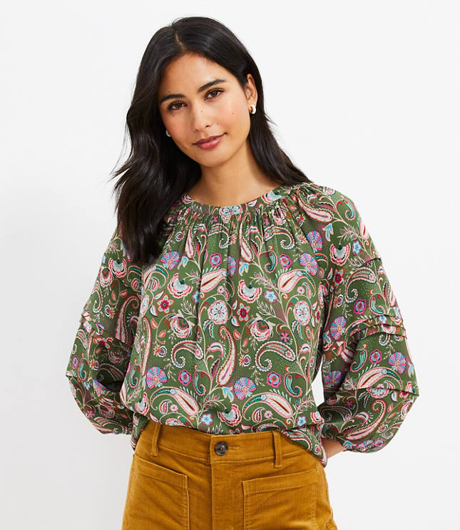 Paisley Pleated Balloon Sleeve Top