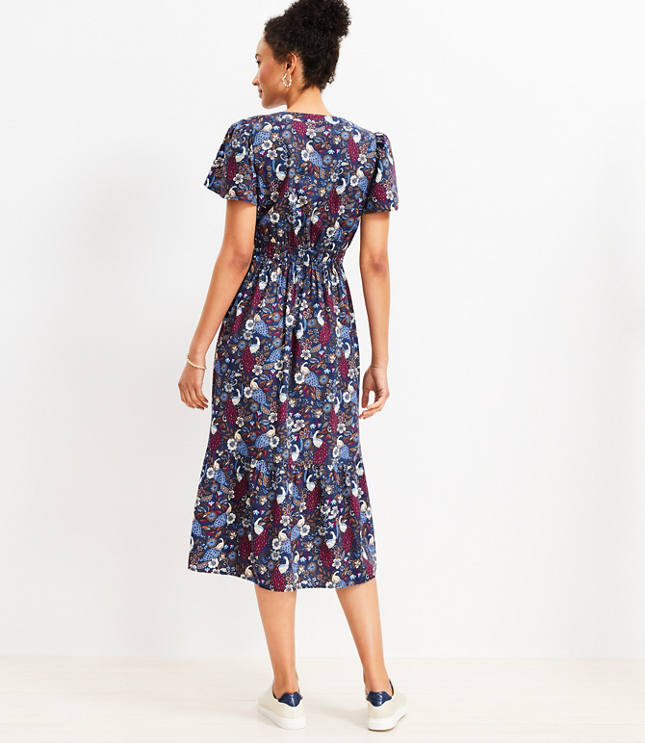 Peacock Smocked Waist Button Midi Dress