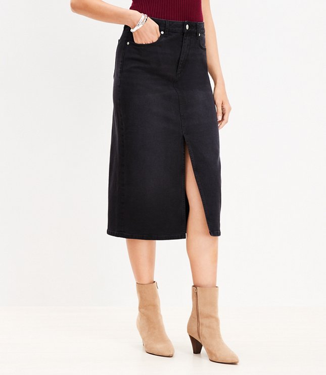 High Waist Denim Midi Skirt in Washed Black