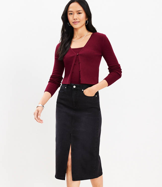 High Waist Denim Midi Skirt in Washed Black