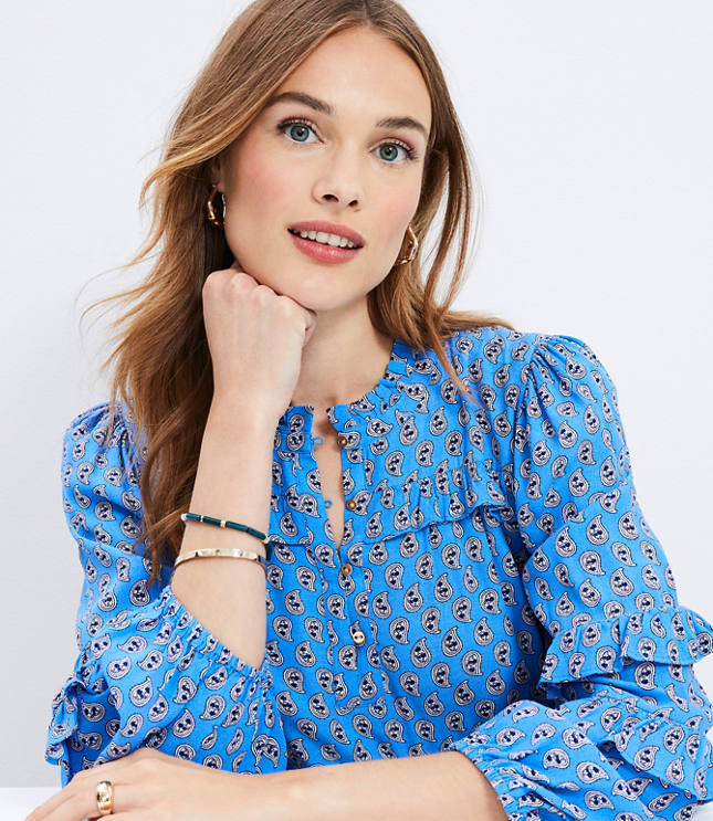 Printed Henley ruffle blouse