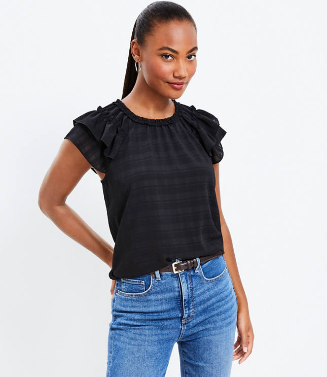 Textured Plaid Double Ruffle Top