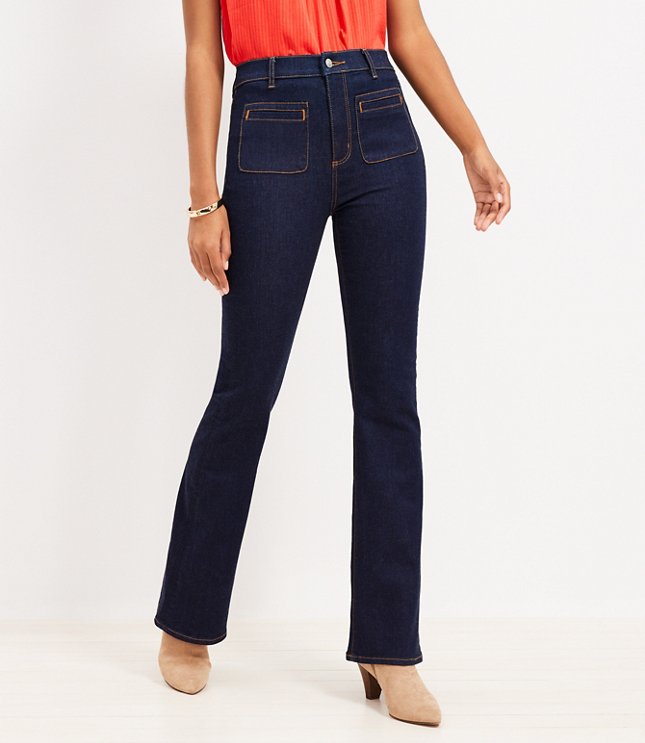 Petite Welt Patch Pocket High Rise Slim Flare Jeans in Dark Rinse