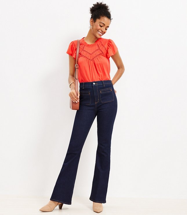 Petite Welt Patch Pocket High Rise Slim Flare Jeans in Dark Rinse
