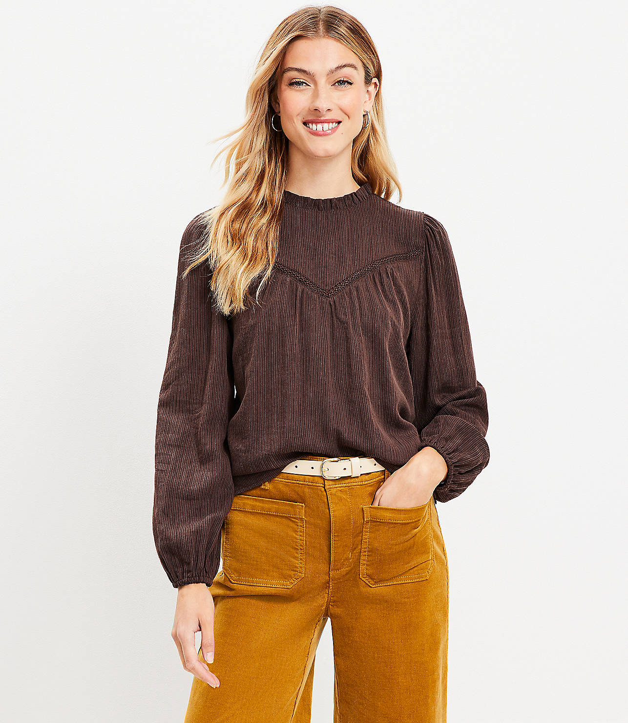 Textured Trimmed Ruffle Neck Blouse