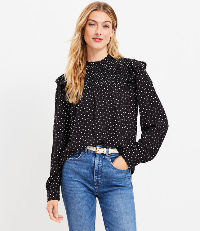 Dotted Smocked Ruffle Mock Neck Blouse