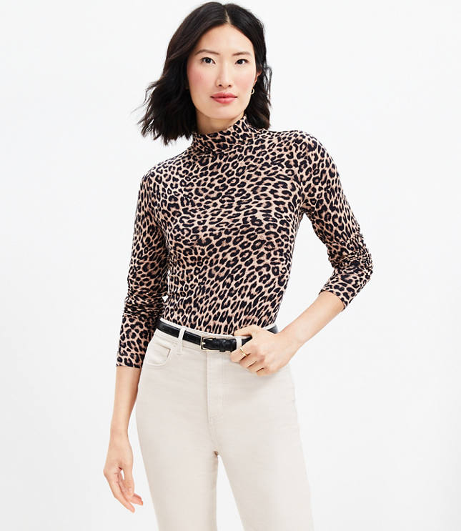 Leopard Print Long Sleeve Turtleneck Top