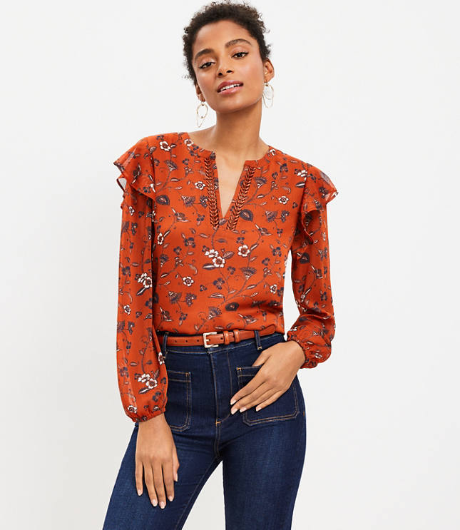 Floral Ruffle Split Neck Blouse