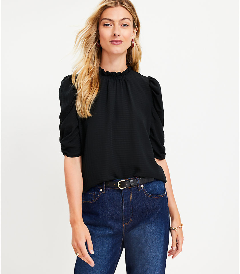 Checked Cinched Sleeve Ruffle Neck Top
