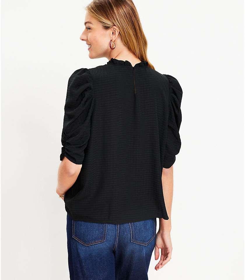 Checked Cinched Sleeve Ruffle Neck Top