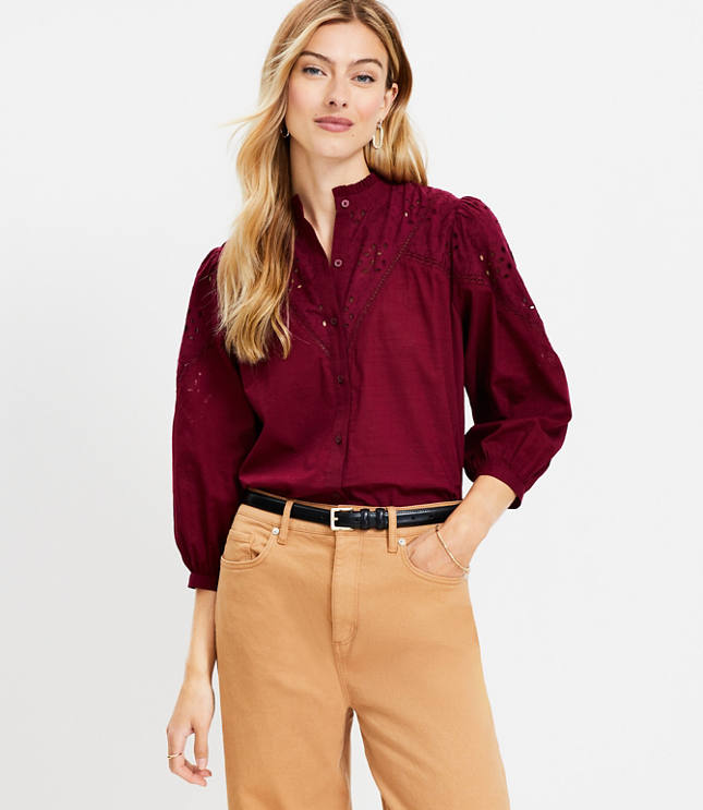 Eyelet Ruffle Neck Blouse