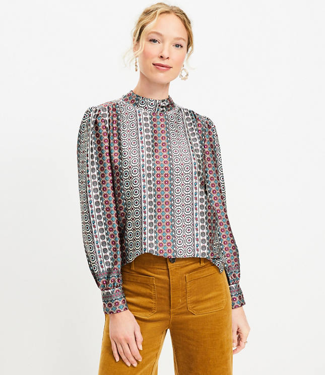 Tiled Tie Back Mock Neck Blouse