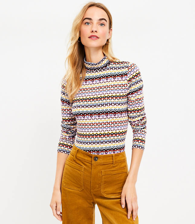 Petite Houndstooth Long Sleeve Turtleneck Top - Popcorn