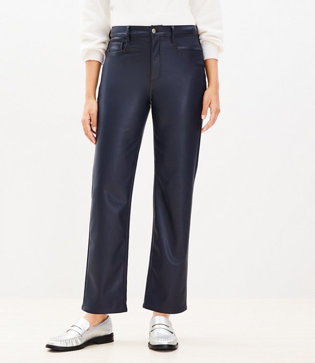 Curvy Five Pocket Straight Pants in Faux Leather