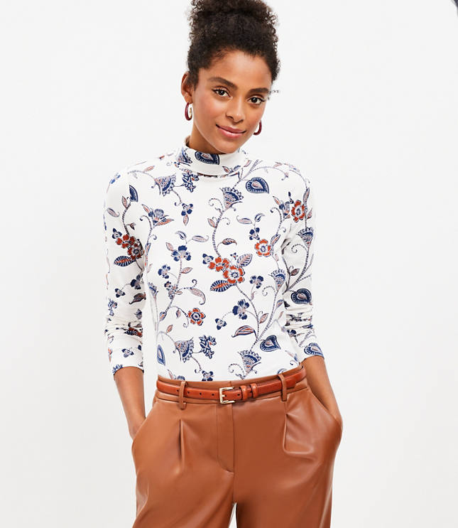 Women's Floral Turtleneck Top - Off-White