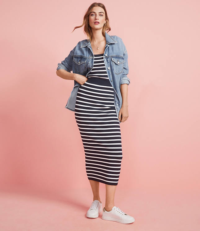 Stripe Ribbed Midi Sweater Skirt