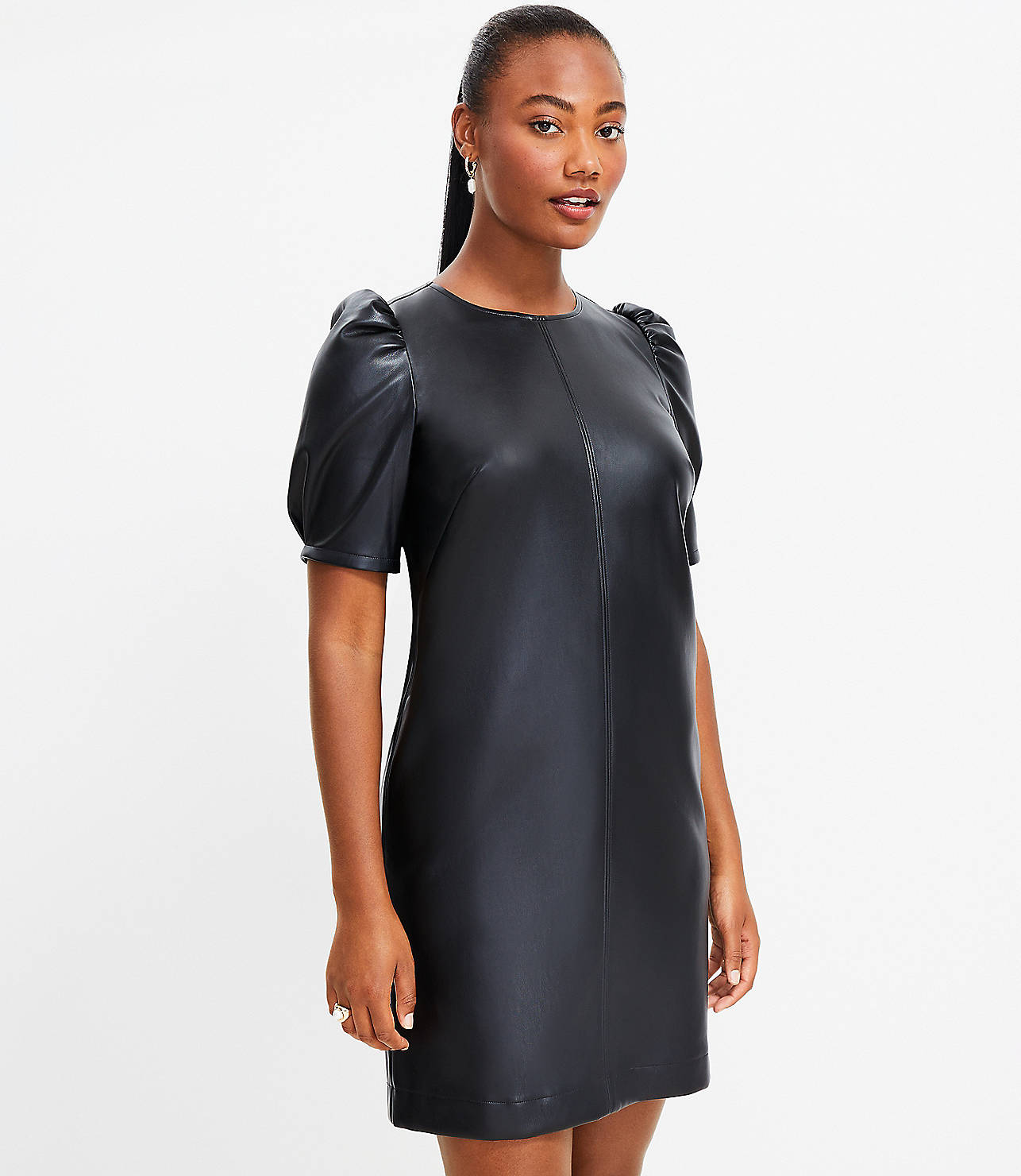 Faux Leather Ruched Sleeve Shift Dress