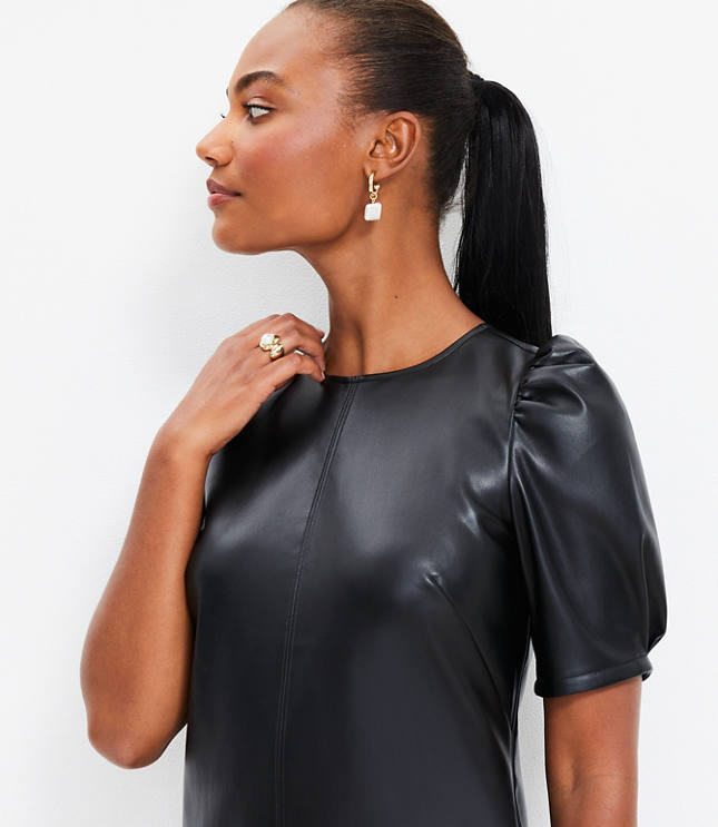 Faux Leather Ruched Sleeve Shift Dress