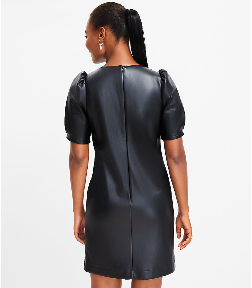 Faux Leather Ruched Sleeve Shift Dress