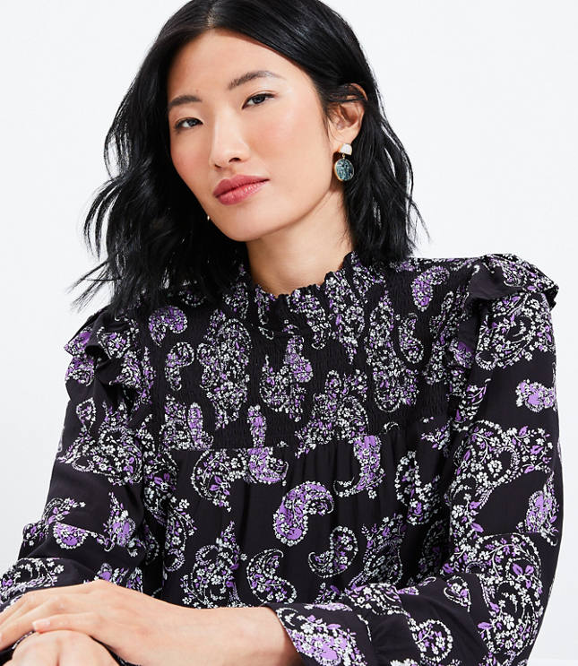 Paisley Smocked Ruffle Mock Neck Blouse